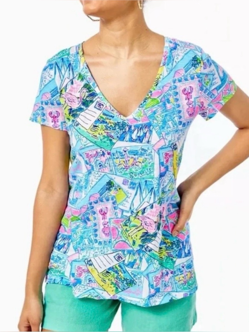 NWT Lilly Pulitzer Etta V-Neck Top in Wish You Were Here Print • Size Small - Picture 2 of 8